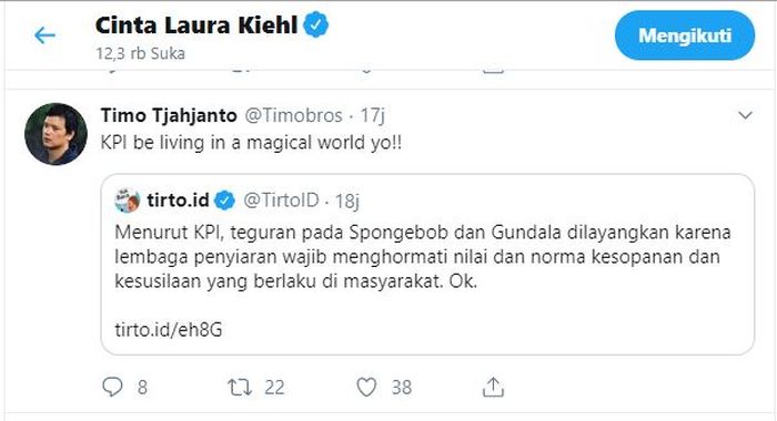 Cinta Laura kepergok menyukai sindiran Timo ke KPI.