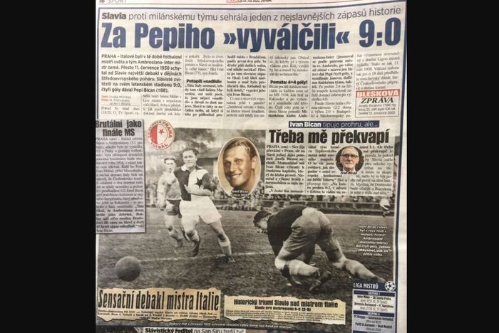 Surat kabar harian Rep. Ceska, Blesk, yang memuat berita kemenangan Slavia Prague atas Inter pada 1938.