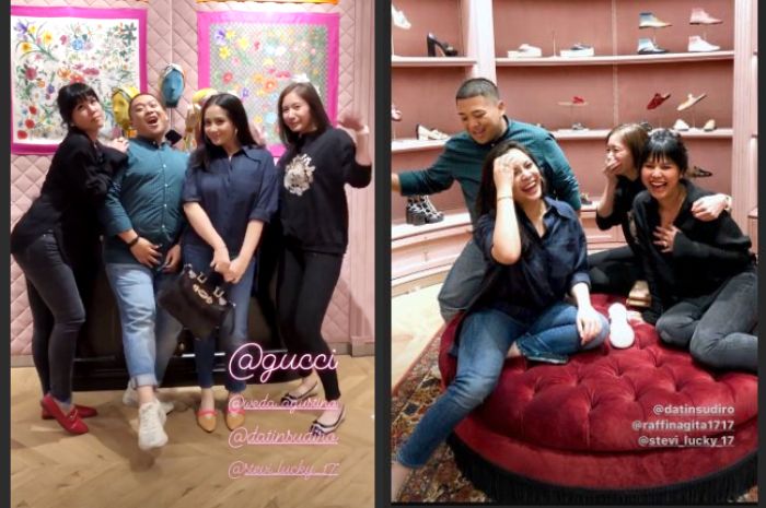 Nagita Slavina saat nongkrong bareng teman-temannya memakai fashion item branded