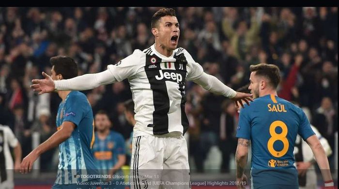 Cristiano Ronaldo merayakan golnya untuk Juventus ke gawang Atletico Madrid di Liga Champions.