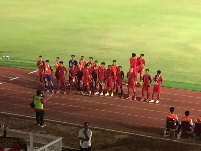 Momen para pemain timnas U-16 Indonesia setelah membantai Kepulauan Mariana Utara 15-1 di laga kedua Kualifikasi Piala Asia U-16 Grup G.