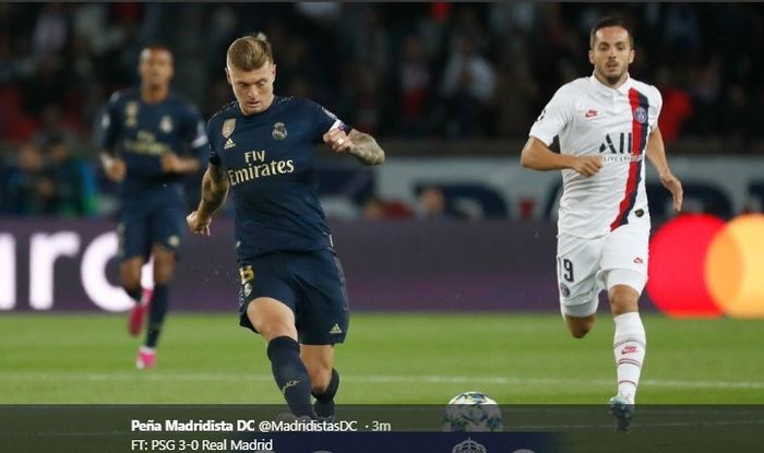 Aksi gelandang tengah Real Madrid, Toni Kroos, dalam pertandingan Paris Saint-Germain kontra Real Madrid pada laga Grup A Liga Champions, Rabu (18/9/2019).