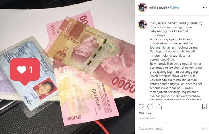 instagram/mini_saputri
Unggahan Mini Saputri tentang kecelakaan Olla Ramlan.
