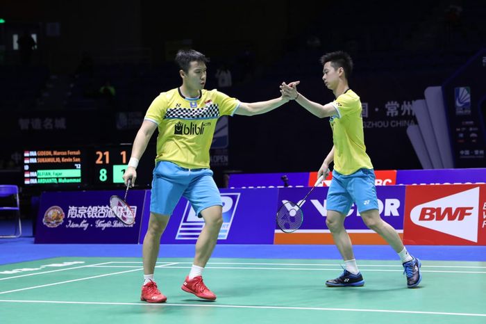 Pemain gana putra Indonesia, Marcus Fernaldi Gideon/Kevi Sanjaya Sukamuljo ketika bermain pada laga semifinal China Open 2019 Sabtu (21/9/2019)