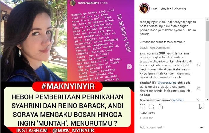 Postingan Instagram mak_nyinyiir. (Instagram mak_nyinyiir)