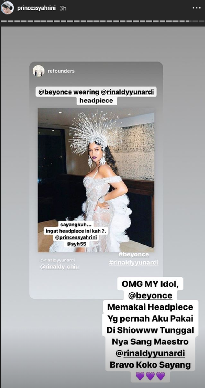 Beyonce gunakan headpiece yang sama dengan Syahrini