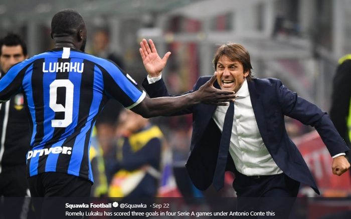 Ekspresi Antonio Conte ketika Romelu Lukaku sukses mencetak gol penutup dalam kemenangan 2-0 Inter Milan atas AC Milan di San Siro, 21 September 2019.