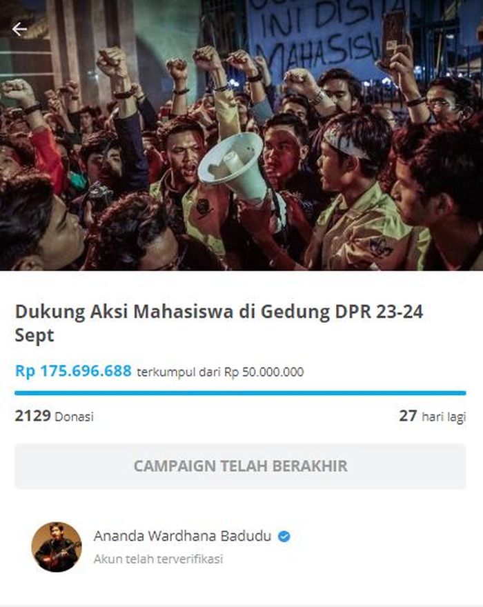 Ananda Badudu galang dana di untuk mendukung aksi demontrasi mahasiswa