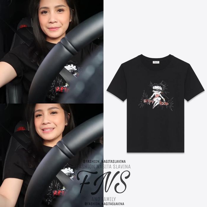 Nagita Slavina kenkaan kaus oblong mewah koleksi Betty Boop Embroidery T-shirt dari brand Saint Laurent