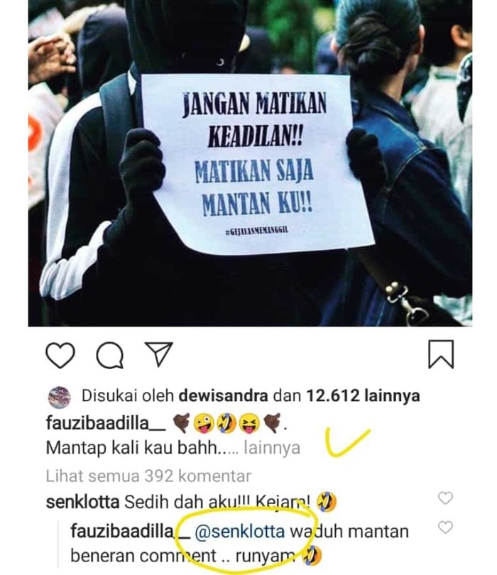 Unggahan Fauzi Baadilla yang dikomen oleh Senk Lottadok. instagram/fauzibaadilla__