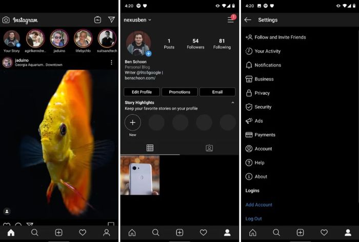 Tampilan fitur Mode Gelap pada Instagram.