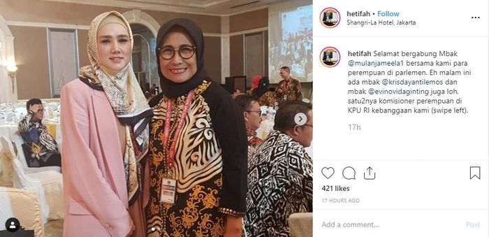 Sambutan hangat untuk Mulan Jameela dari Wakil Ketua Komisi X DPR RI, Hetifah Sjaifudian.