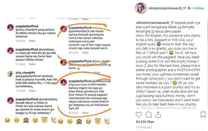 Nikita Mirzani menggunggah ulang komentar negatif anak angkat Elza Syarief, Poppy Kelly
