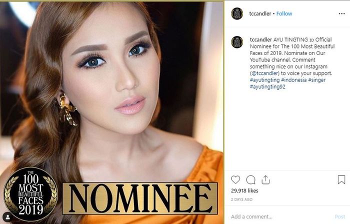Ayu Ting Ting jadi satu-satunya pedangdut Indonesia yang masuk nominasi wajah tercantik dunia 2019.