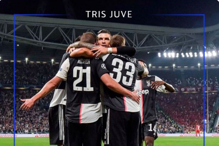 Para pemain Juventus merayakan gol yang dicetak ke gawang Bayer Leverkusen dalam laga Grup D Liga Champions di Juventus Stadium, Selasa (1/10/2019).
