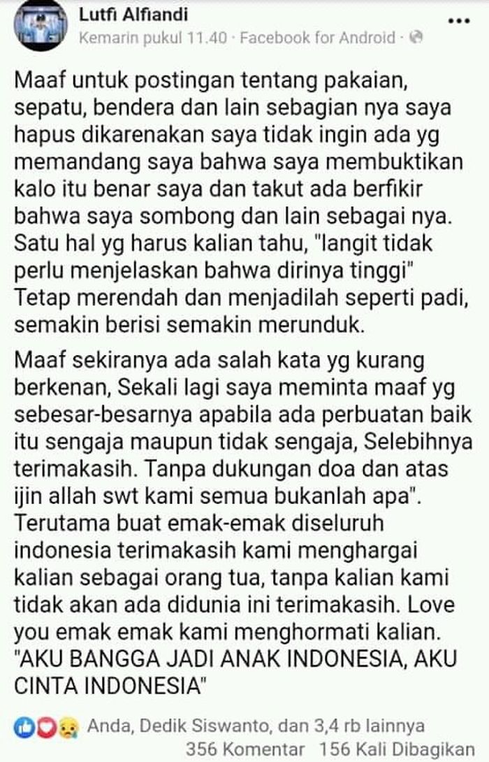 Potingan terakhir Lutfi di akun facebooknya