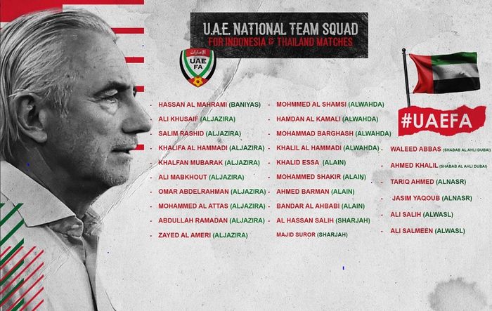 Pelatih Timnas Uni Emirat Arab (UEA) Bert van Marwijk bersama daftar pemainnya untuk menghadapi Timnas Indonesia dan Timnas Thailand di Putaran Kedua Zona Asia Kualifikasi Piala Dunia 2022.