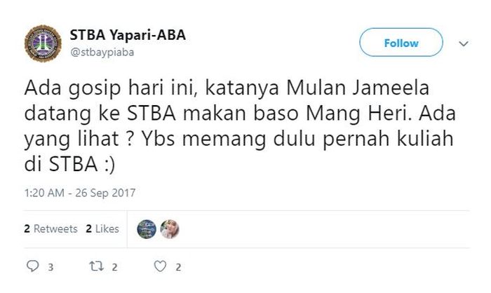 Cuitan STBA Yapari-ABA yang menyebut bahwa Mulan Jameela pernah mengenyam pendidikan di Institut tersebut.