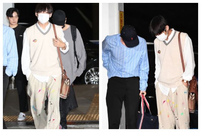 Penampilan V BTS saat berangkat ke Arab Saudi.