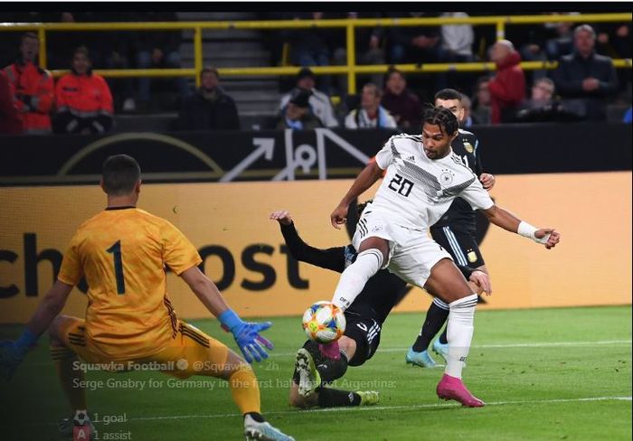 Serge Gnabry mencetak gol dan assist dalam laga uji coba timnas Jerman vs Argentina di Signal iduna Park, Dortmund, 9 Oktober 2019.