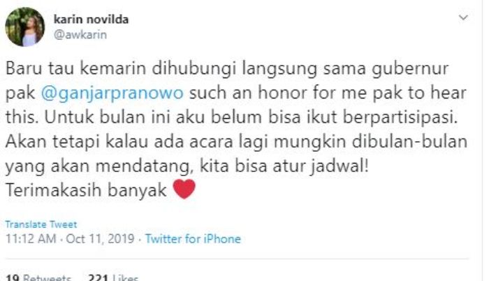 twitter: @awkarin
Balasan Awkarin untuk undangan dari Ganjar Pranowo