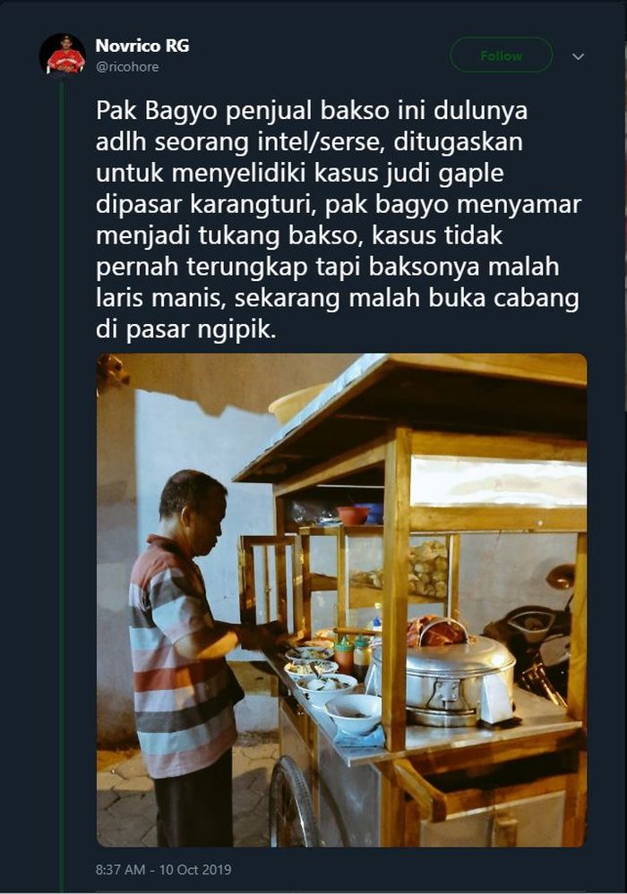 Cerita seorang tukang bakso bernama Bagyo yang diduga seorang intel viral di media sosial.