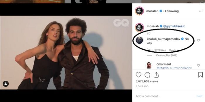 Komentar Khabib Nurmagomedov atas unggahan foto Mohamed Salah denagn Alessandra Ambrosio.