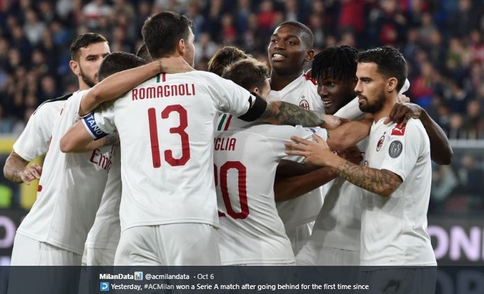 Para pemain AC Milan merayakan gol yang dicetak Franck Kessie di laga melawan Genoa pada pertandingan pekan ke-7 Liga Italia 2019-2020.