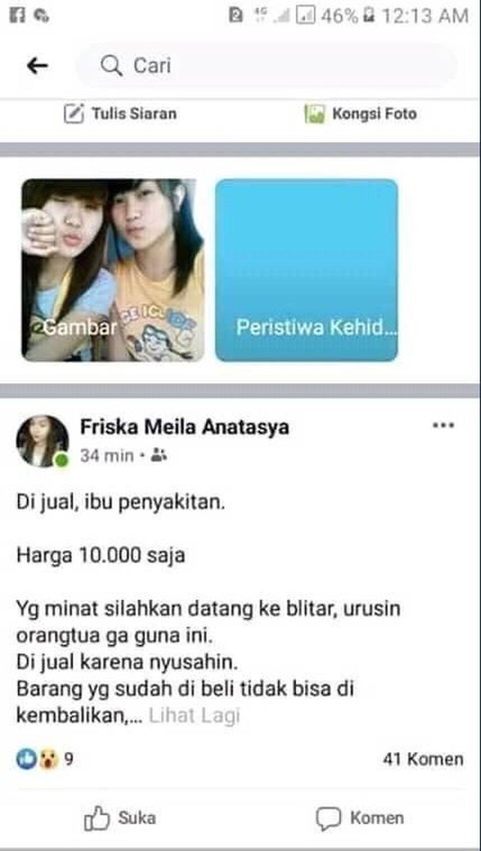 Viral unggahan gadis asal Blitar , Friska Meila Anastasya yang tega ingin menjual ibunya.
