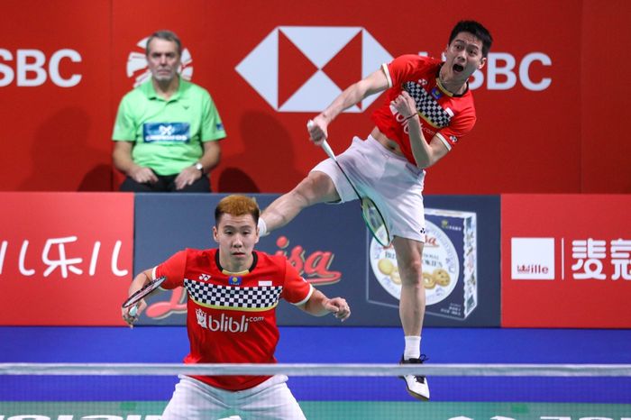 Ganda putra Indonesia, Marcus Fernaldi Gideon/Kevin Sanjaya Sukamuljo pada babak semifinal Denmark Open 2019, Sabtu (19/10/2019)