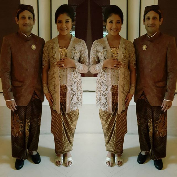 Franka Franklin dan Nadiem Makarim saat acara tujuh bulanan Franka