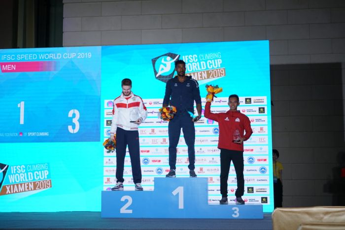 Atlet panjat tebing nasional, Alfian M Fajri, saat berlaga pada ajang IFSC Worldcup Xiamen 2019 