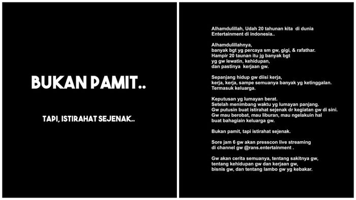 Raffi Ahmad unggah keputusannya untuk berhenti dari dunia entertainment