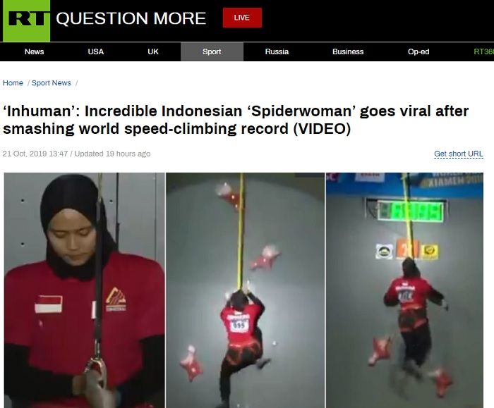 Pemberitaan media Rusia, RT.com terkait Aries Susanti Rahayu sukses pecahkan rekor dunia panjat tebing.