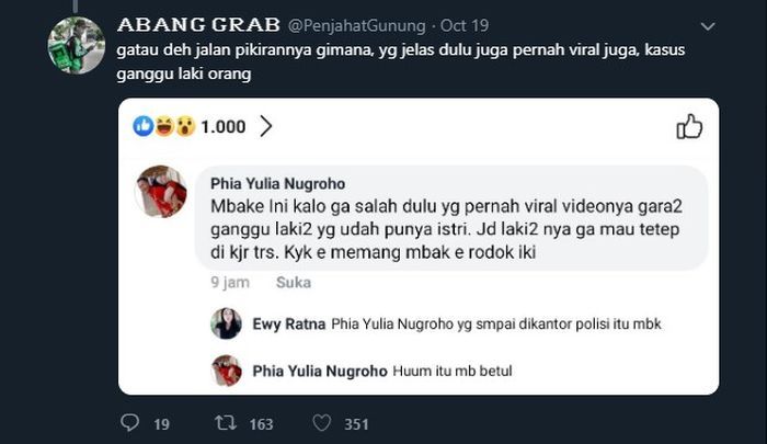 Tangkapan layar komentar Facebook yang dibagikan warganet dan diunggah ulang akun 'ABANG GRAB'