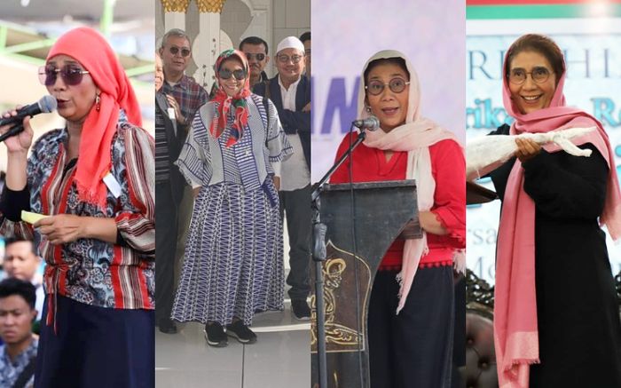 Deretan penampilan Susi Pudjiastuti mantan Menteri Kelautan dan Perikanan RI dalam balutan kerudung berwarna cerah