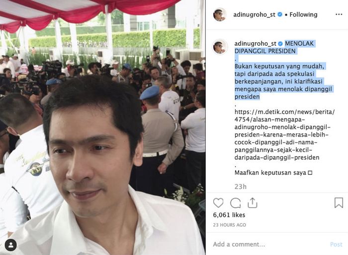 Adi Nugroho menolak dipanggil presiden