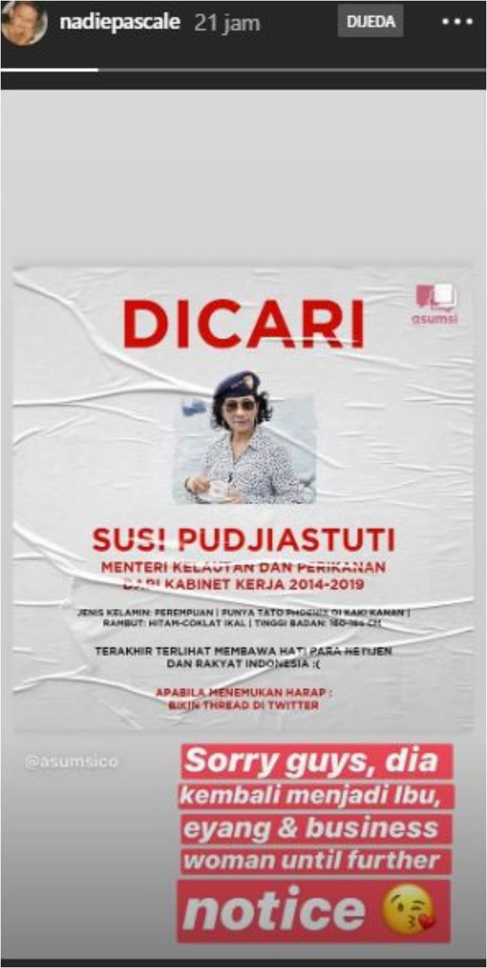 Nadine Kaiser, putri sulung Susi Pudjiastuti buka suara soal tak terpilihnya sang Mama jadi Menteri Kelautan dan Perikanan di Kabinet Indonesia Maju.