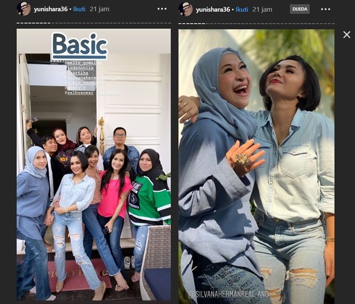 Potret Yuni Shara kala arisan bareng teman-teman dengan busana santai yaitu celana jeans sobek yang curi perhatian