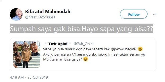 Anjasmara sukses menirukan gaya sila Jokowi yang tidak semua orang bisa melakukannya.