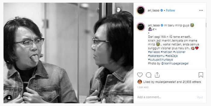 tanggapan Ari Lasso disebut netizen mirip Menteri Lingkungan Hidup dan Kehutanan (KLHK) Siti Nurbaya