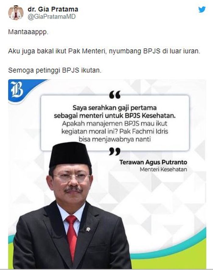 Terawan Bakal Serahkan Gaji Pertamanya Sebagai Menteri untuk BPJS Kesehatan, Warganet: Respek Tapi Kami Tunggu Gebrakan Baru untuk Mengurai Carut Marut BPJS!