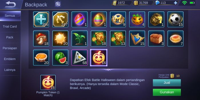 Pumpkin Token tersimpan di backpack dalam game Mobile Legends