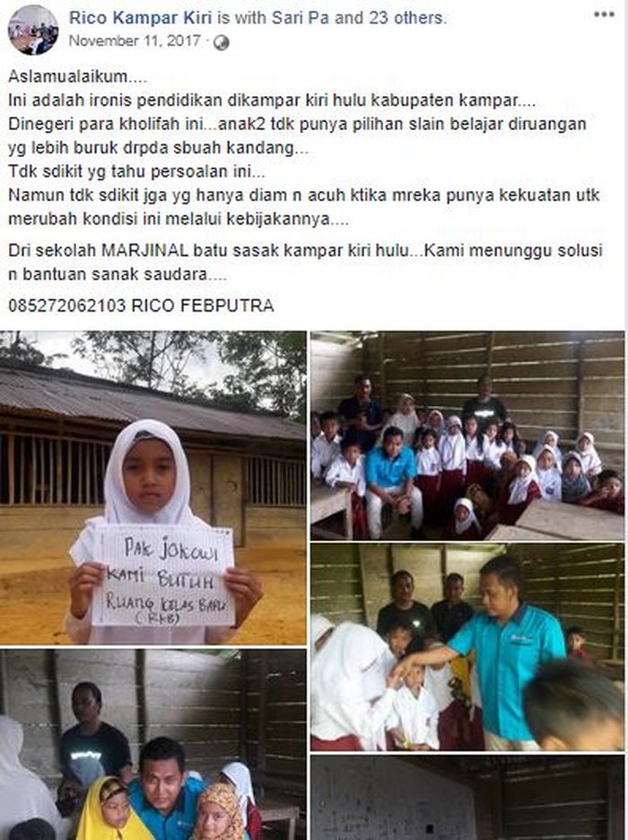 Postingan Facebook yang membahasa kondisi SD 058 di daerah terpencil di Riau.