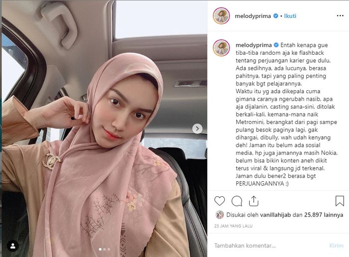 Melody Prima curhat pengalamannya di Instagram