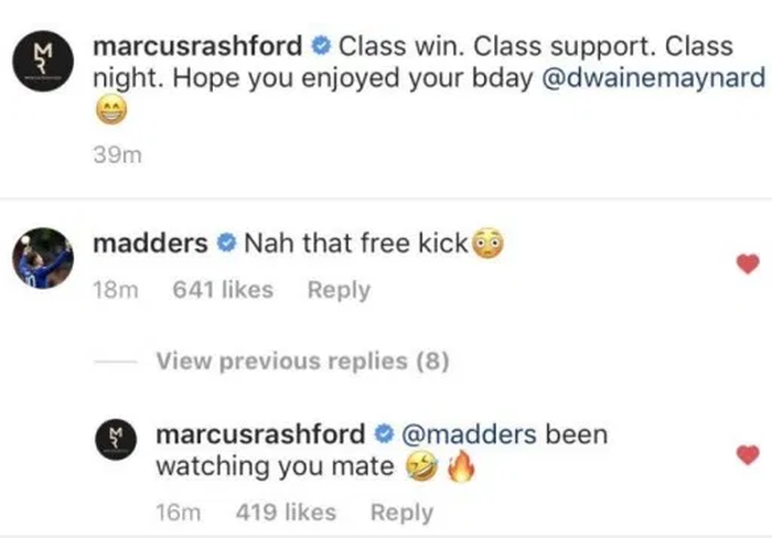 Postingan Marcus Rashford yang mendapatkan komentar dari James Maddison.