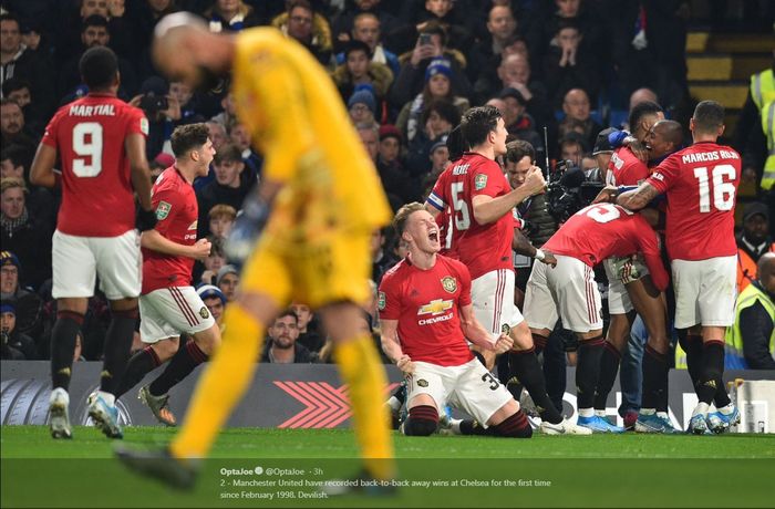 Pemain Manchester United merayakan gol mereka ke gawang Chelsea pada duel Piala Liga di Stamford Bridge, London, 30 Oktober 2019.