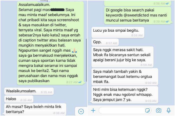 Cuitan Ifa yang meminta maaf kepada bos yang melamarnya nikah.