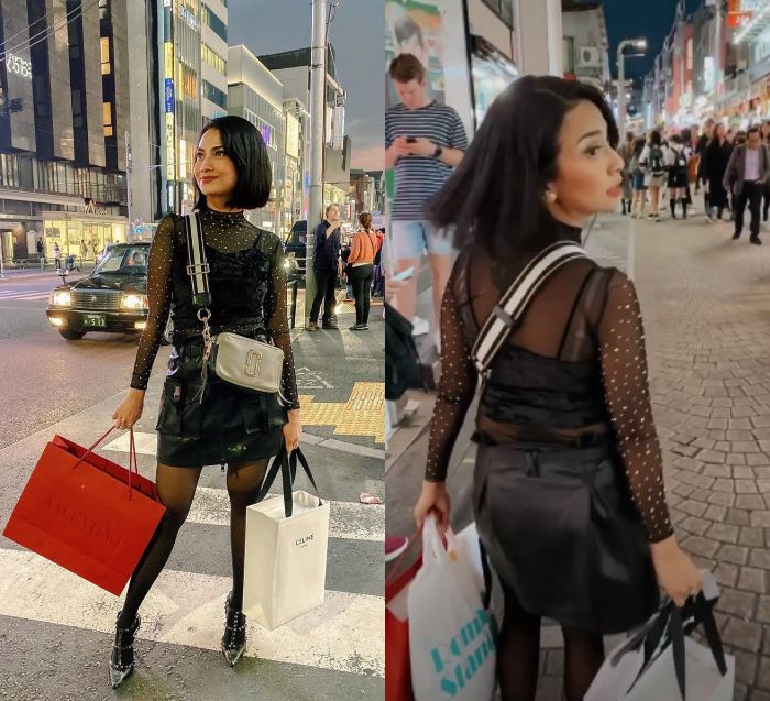 Vanessa Angel terlihat mengenakan atasan aksen sheer alias transparan dengan motif polkadot