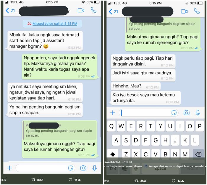 Tangkapan layar percakapan Ifa dan calon bosnya